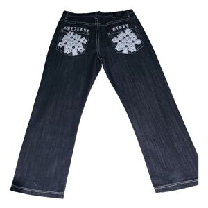 Ablanche Y2K Embroidered Biker Jeans Men’s 40 Dark Wash Cross Pockets
